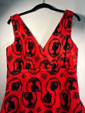 Red V-Neck Midi Dress with Black Cameo Print